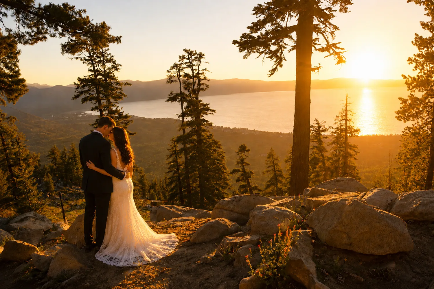 Bride and groom embracing on a granite overlook above Lake Tahoe at sunset, pines silhouetted against the golden light on the water